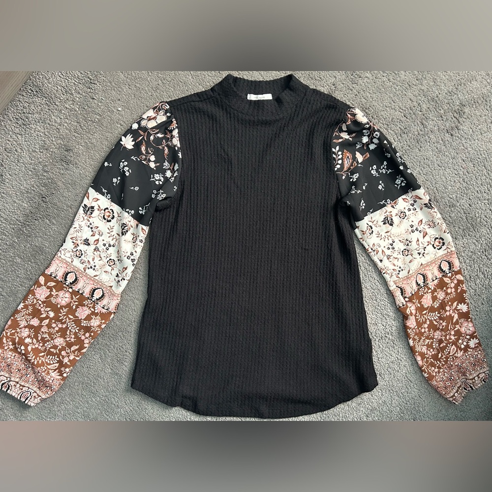 Maurices Black Floral Sleeve Mock Neck Top